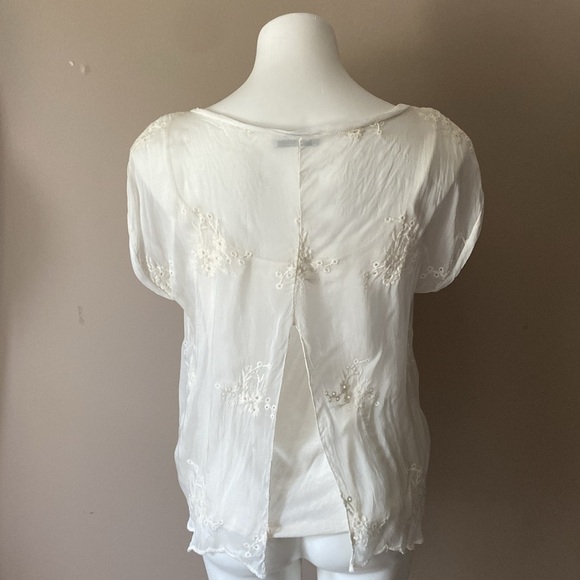 Angela Moda Women’s Off White Eyelet Floral Sheer Short Sleeve Blouse Size Large - Picture 4 of 8